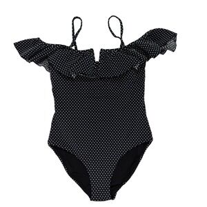 Red Carter One Piece Off-Shoulder Ruffle Swimsuit Black White Dots Women's Large